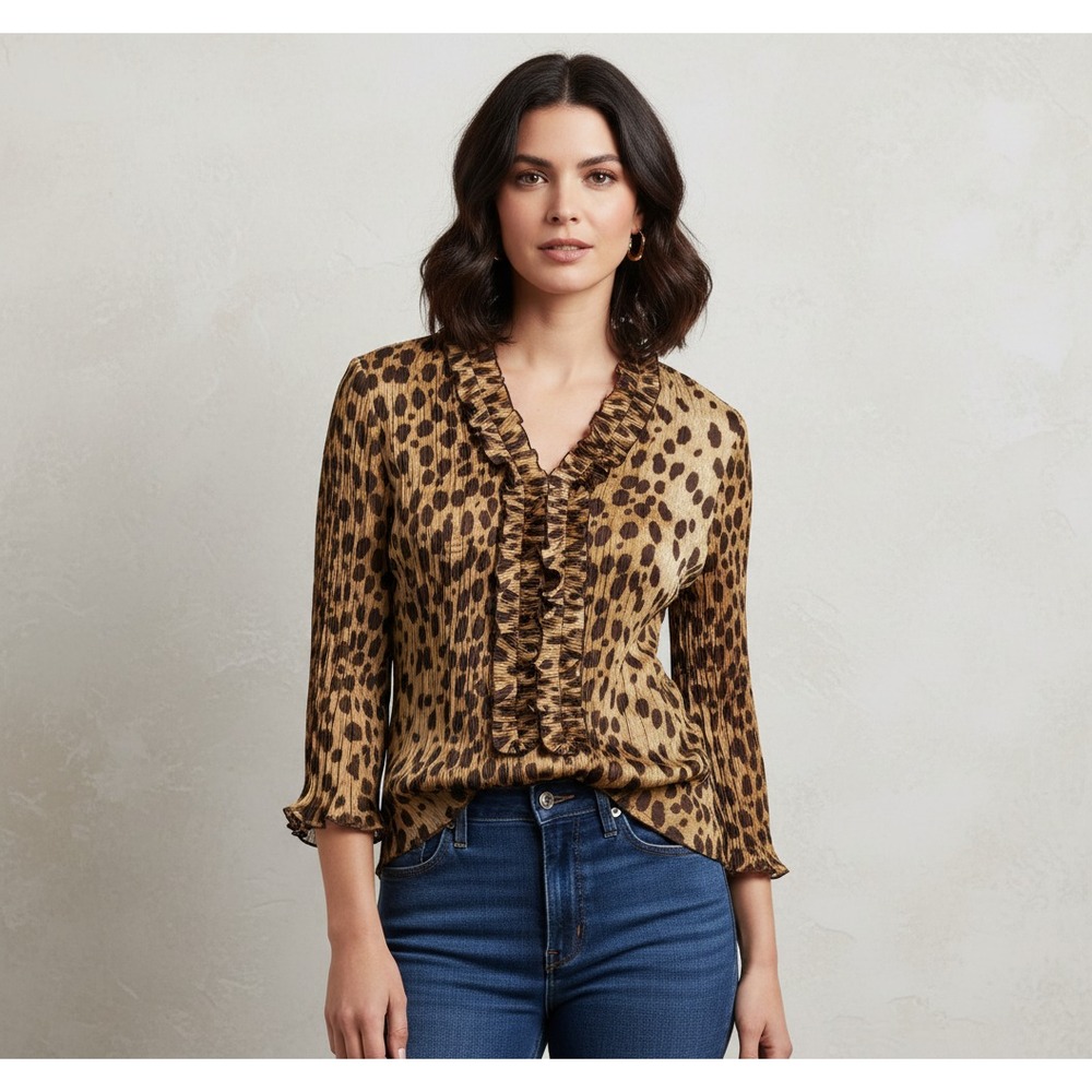 Signature Larry Levine M Top Womens Brown Beige Animal Crinkle Ruffle Boho Indie